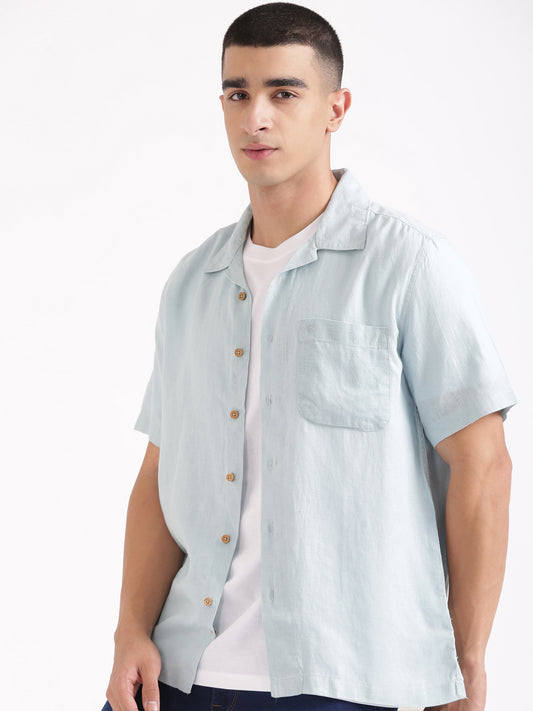 Cadet Blue Men Hemp Cuban Collar Resort Shirt