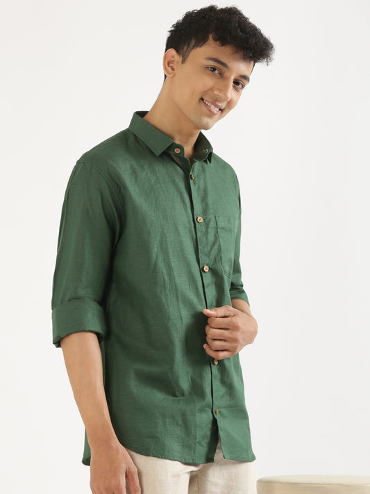Bottle Green Men Hemp Full Sleeve Shirt