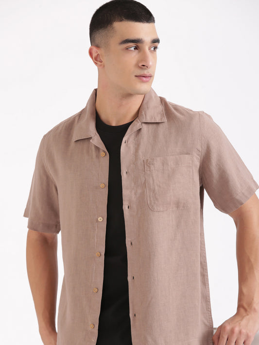 Choco Brown Men Hemp Cuban Collar Resort Shirt
