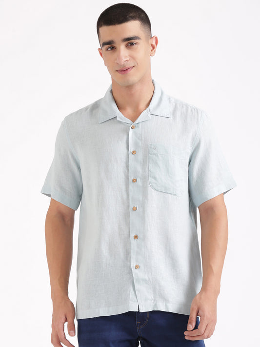 Cadet Blue Men Hemp Cuban Collar Resort Shirt