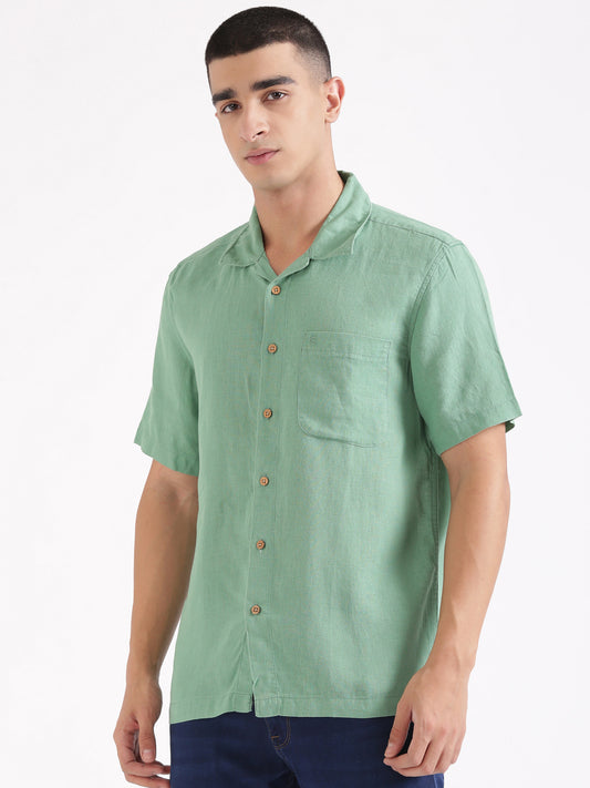 Mint Green Men Hemp Cuban Collar Resort Shirt