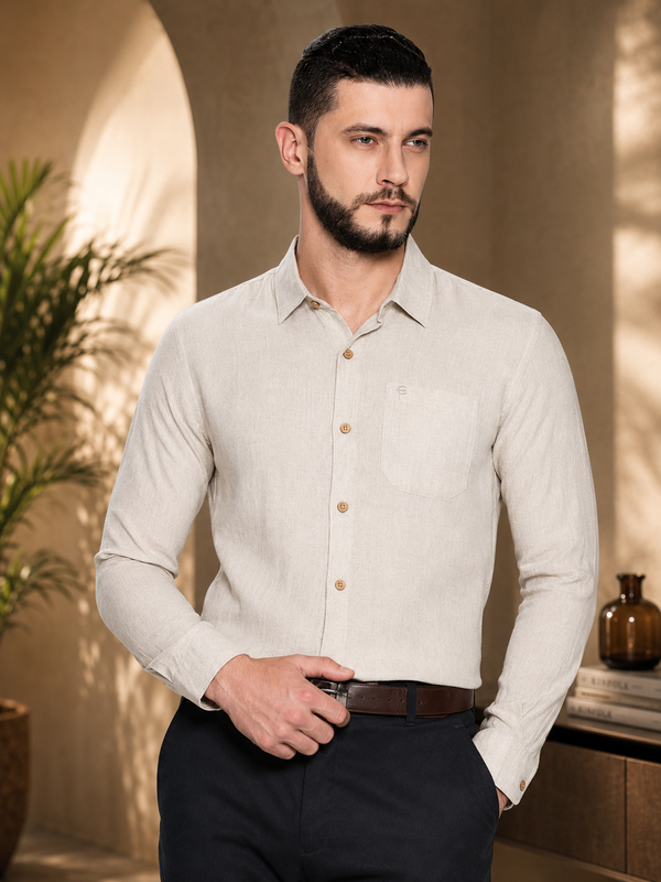 Beige Men Hemp Full Sleeve Shirt