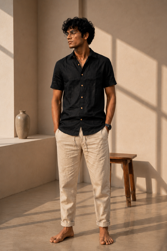 Regal Black Men Hemp Half Sleeve Shirt
