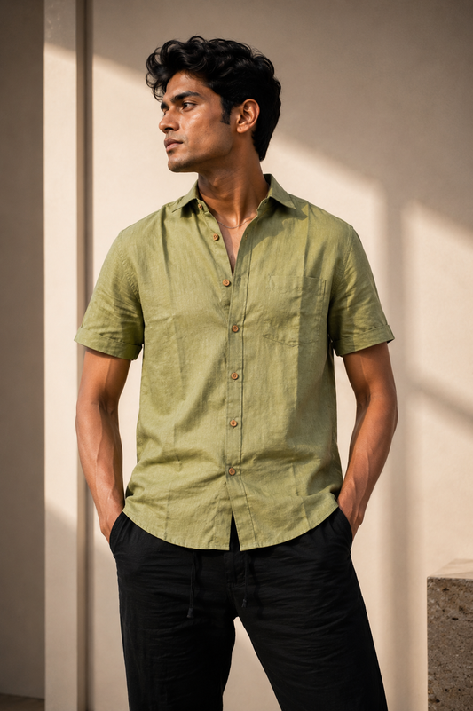 Regal Olive Men Hemp Half Sleeve Shirt