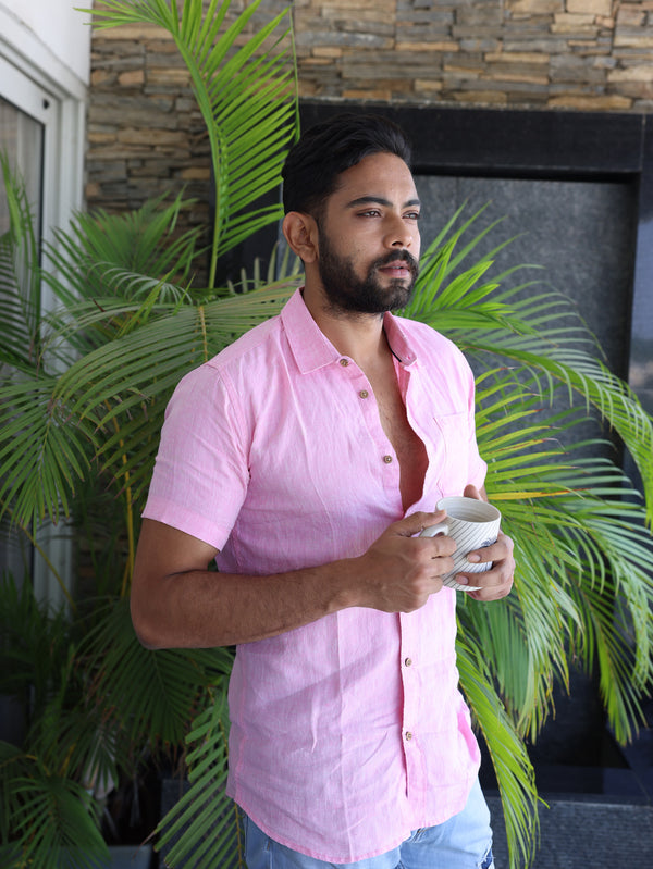 Light Pink Men Hemp Half Sleeve Shirt