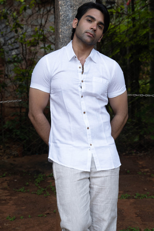 White Men Hemp Half Sleeve Shirt