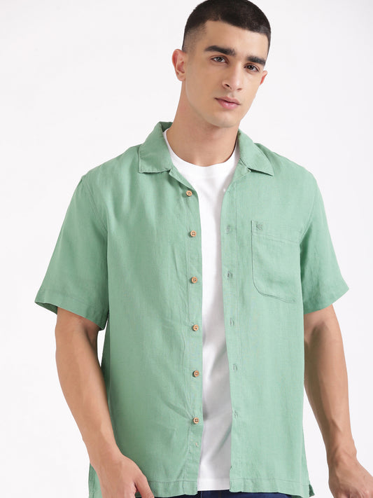 Mint Green Men Hemp Cuban Collar Resort Shirt