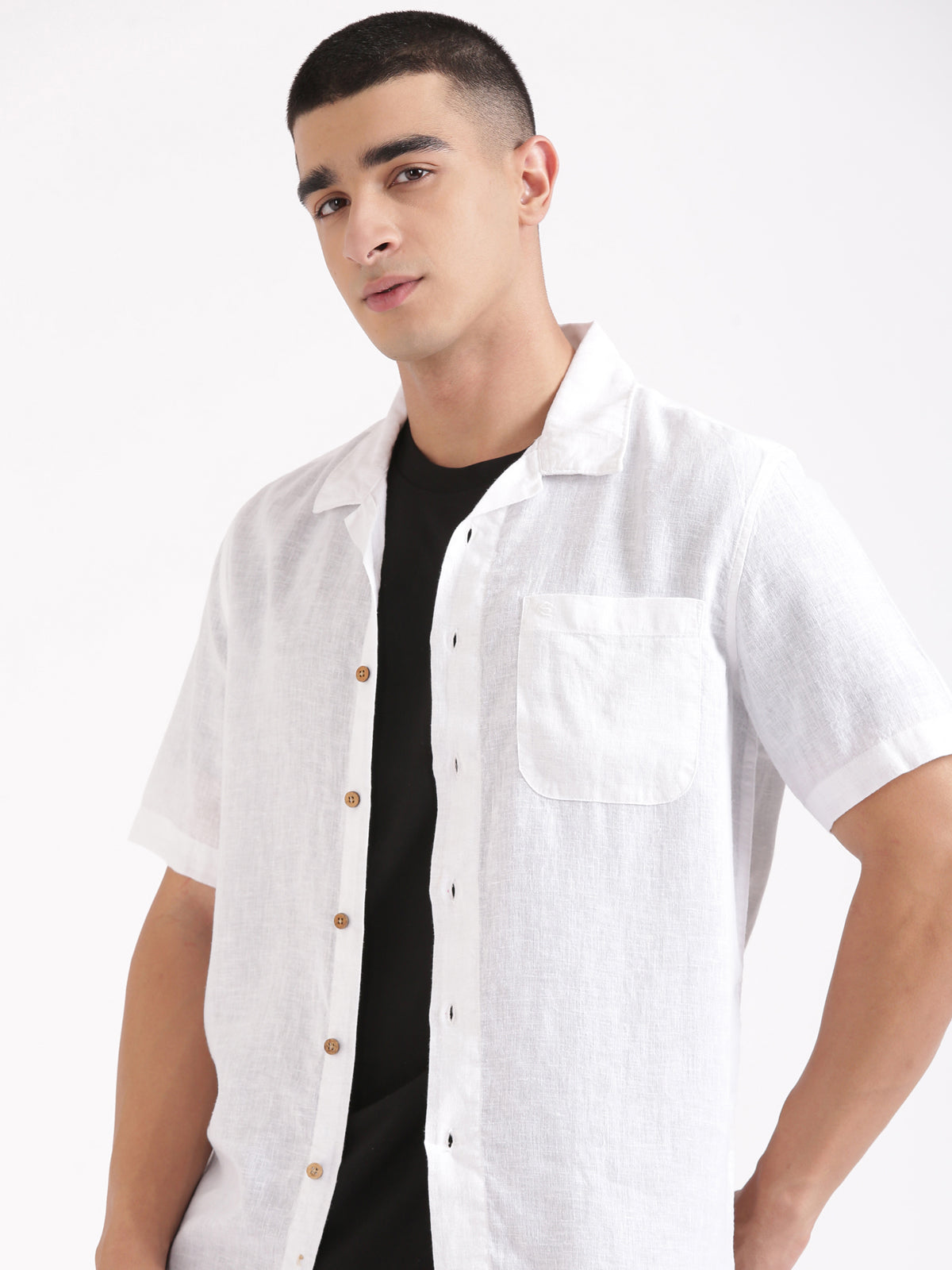 White Men Hemp Cuban Collar Resort Shirt