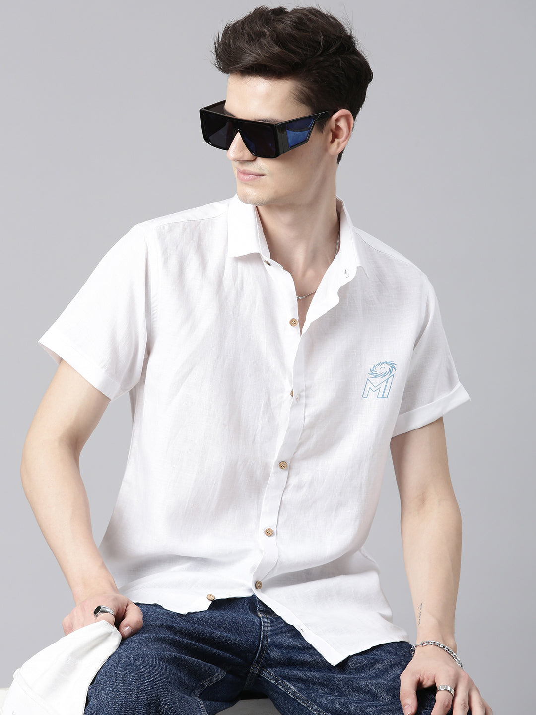 Ecentric-Mumbai Indians Official Men White Back Printed Hemp Half Sleeves Shirt