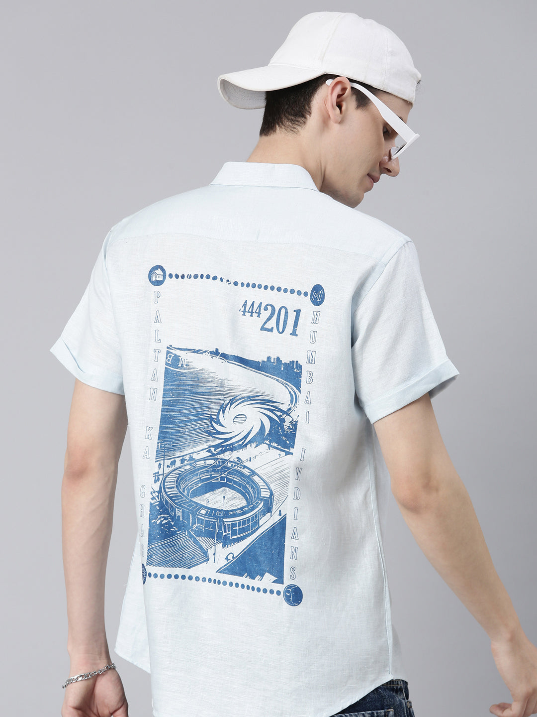 Ecentric-Mumbai Indians Official Men Light Blue Back Printed Hemp Half Sleeves Shirt