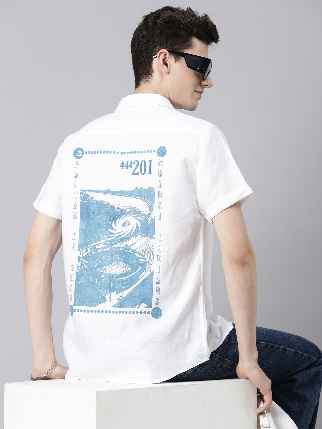 Ecentric-Mumbai Indians Official Men White Back Printed Hemp Half Sleeves Shirt