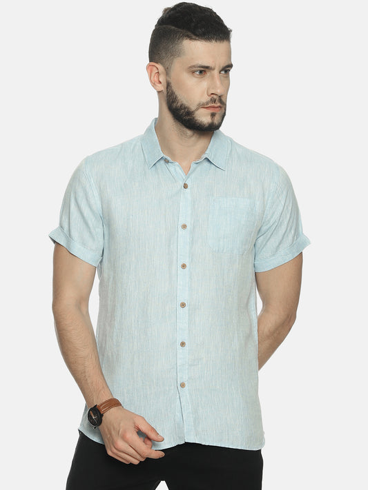 Sky Blue Men Hemp Half Sleeve Shirt