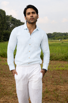 Sky Blue Men Hemp Full Sleeve Shirt