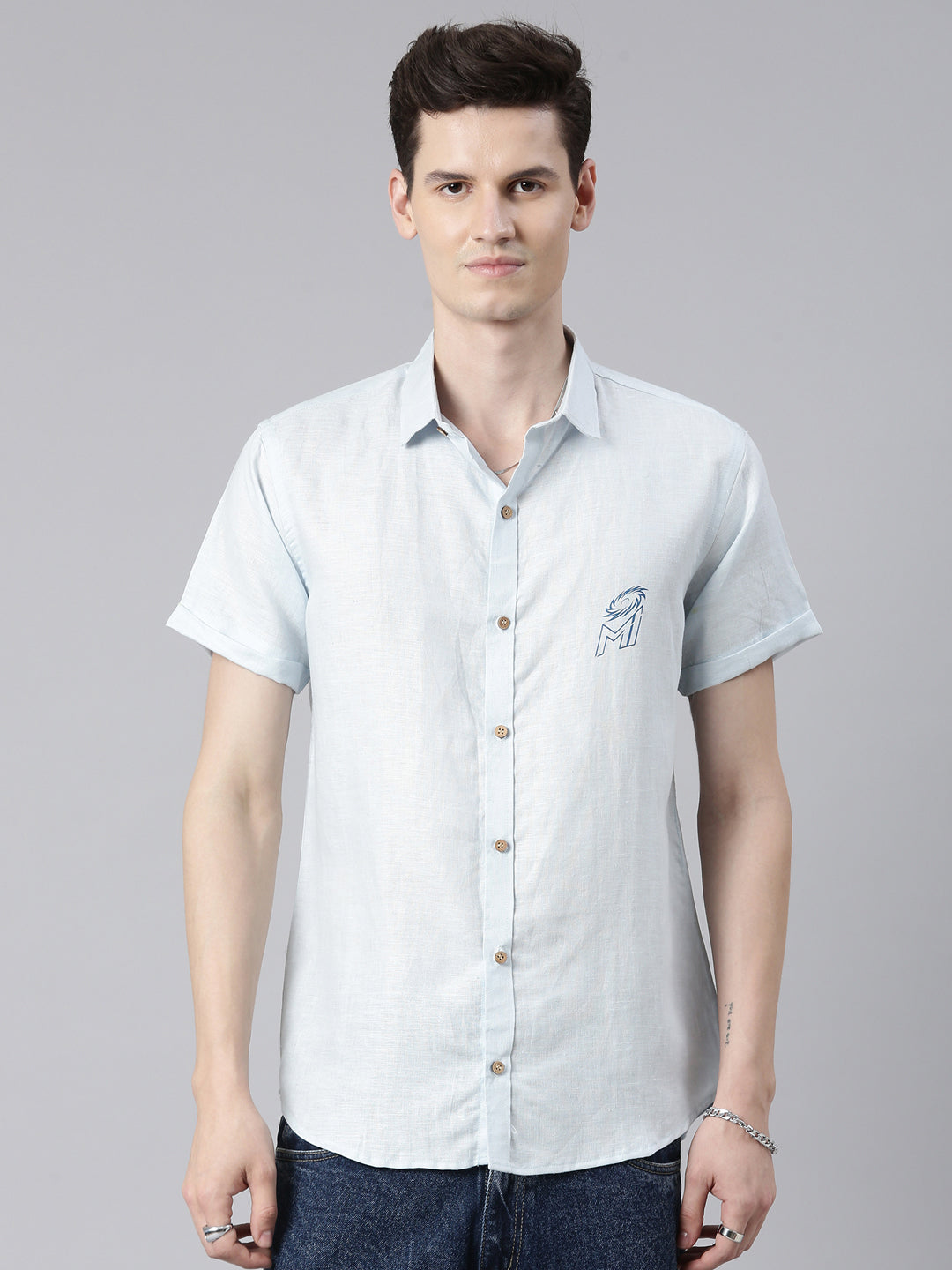Ecentric-Mumbai Indians Official Men Light Blue Back Printed Hemp Half Sleeves Shirt