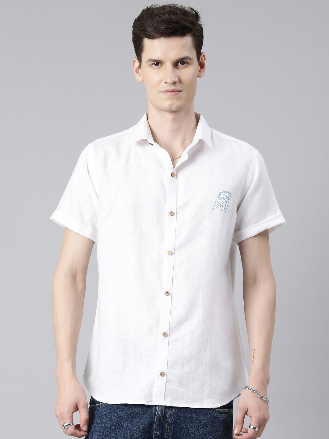 Ecentric-Mumbai Indians Official Men White Back Printed Hemp Half Sleeves Shirt