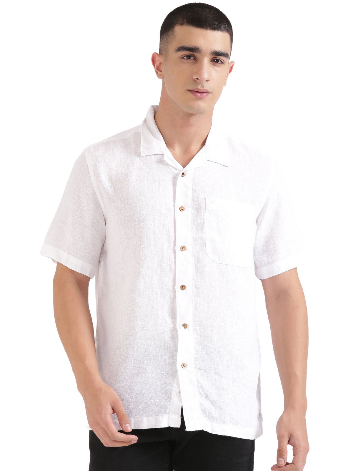 White Men Hemp Cuban Collar Resort Shirt