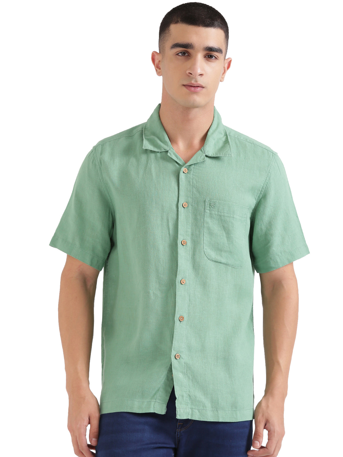 Mint Green Men Hemp Cuban Collar Resort Shirt