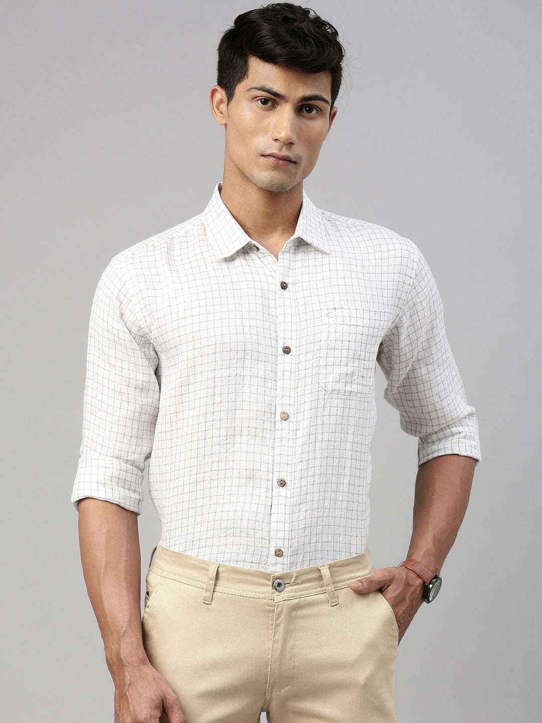 White Beige Checks Men Hemp Full Sleeve Shirt