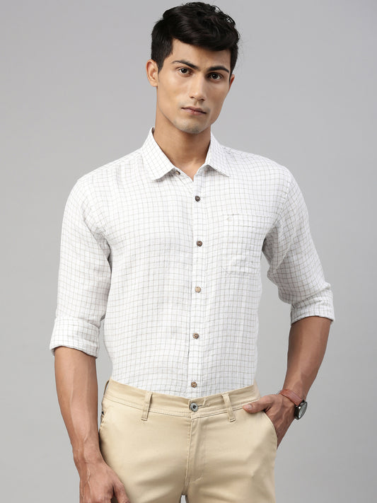 White Beige Checks Men Hemp Full Sleeve Shirt
