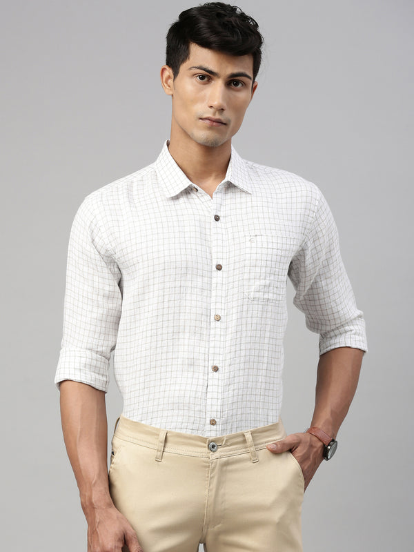 White Beige Checks Men Hemp Full Sleeve Shirt