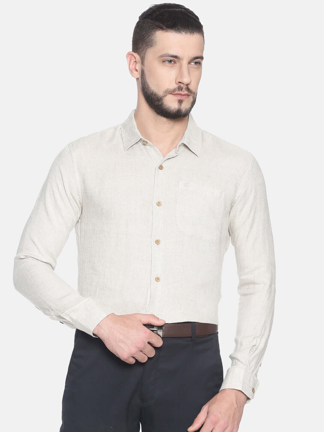 Beige Men Hemp Full Sleeve Shirt