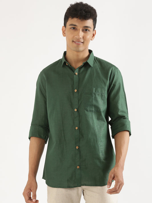 Bottle Green Men Hemp Full Sleeve Shirt