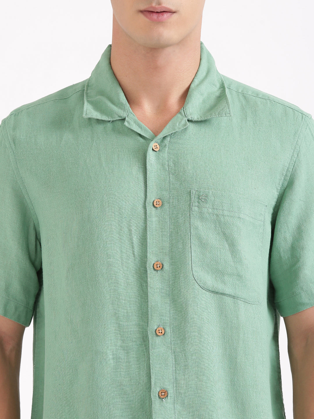 Mint Green Men Hemp Cuban Collar Resort Shirt