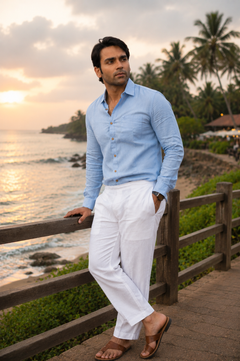 Sky Blue Men Hemp Full Sleeve Shirt