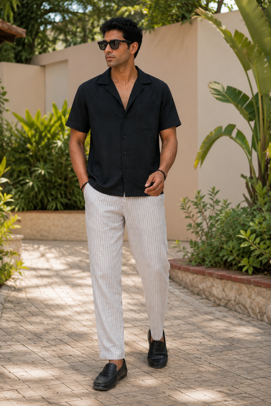 Beige White Stripes Men Hemp Lounge Pant
