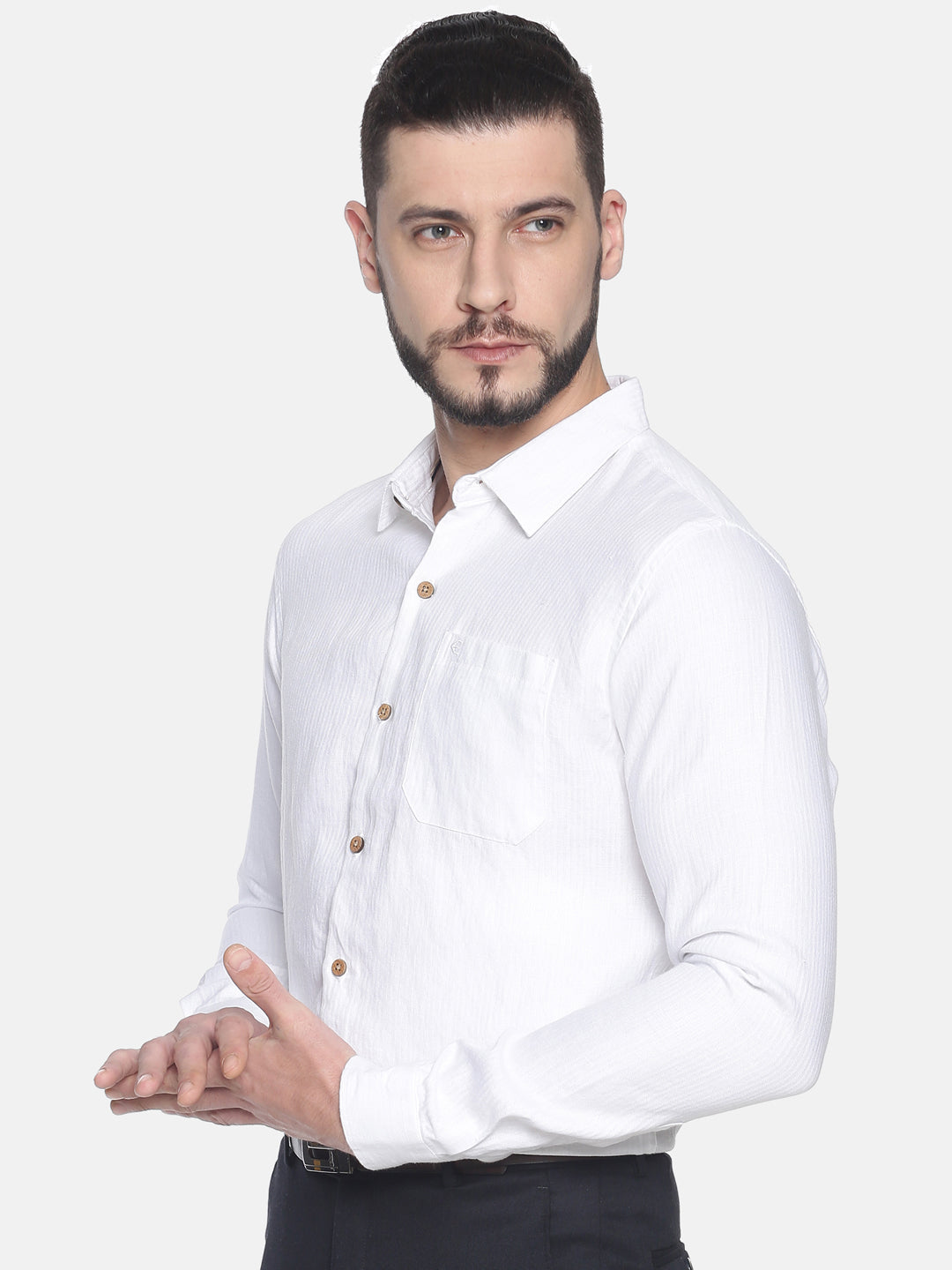 Herringbone White Men Hemp Full Sleeve Shirt