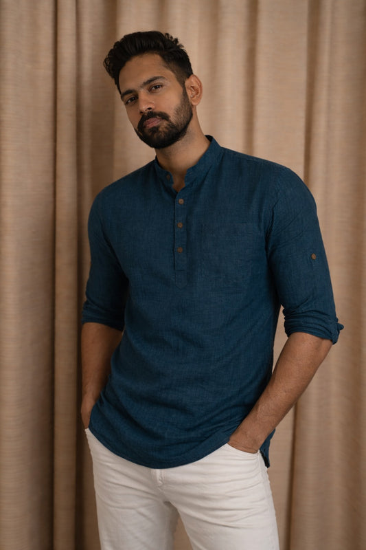 Men Navy Blue Hemp Short Kurta