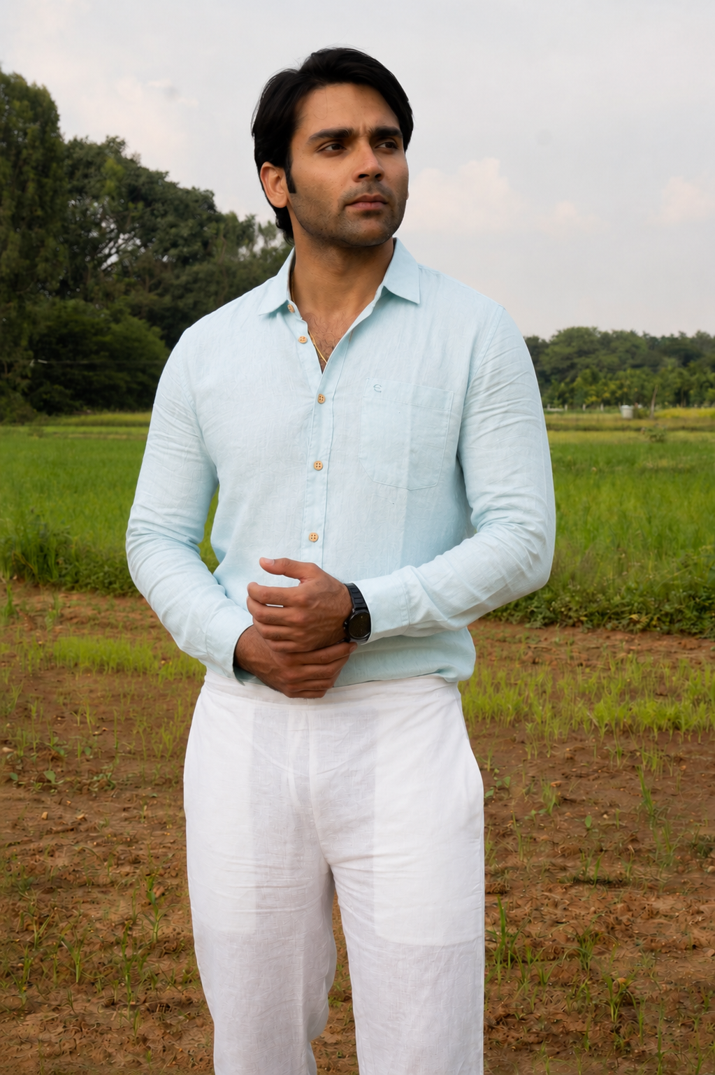 Sky Blue Men Hemp Full Sleeve Shirt