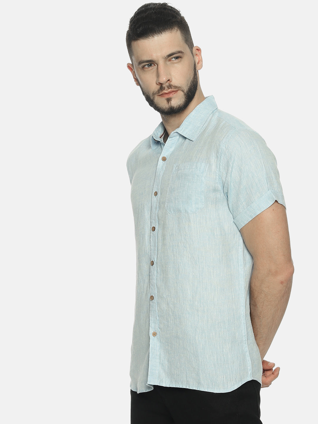Sky Blue Men Hemp Half Sleeve Shirt