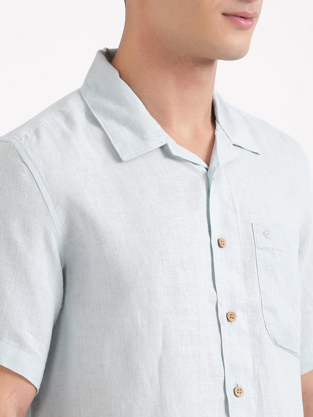 Cadet Blue Men Hemp Cuban Collar Resort Shirt
