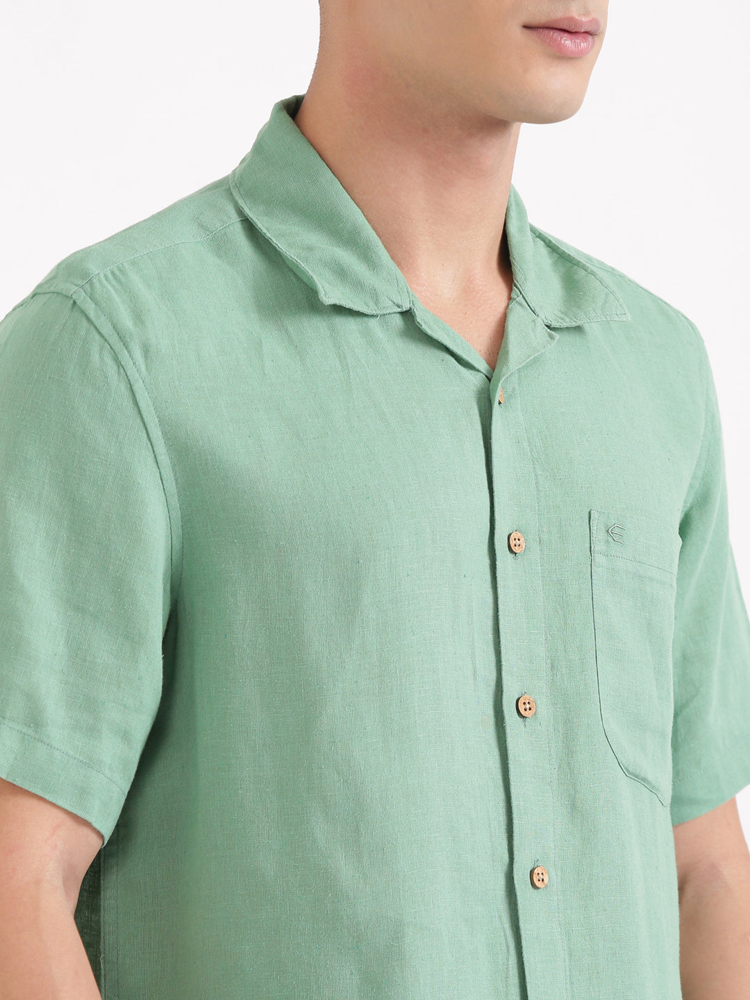 Mint Green Men Hemp Cuban Collar Resort Shirt
