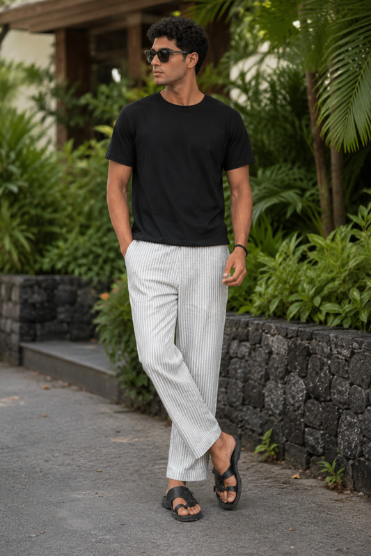 Beige White Stripes Men Hemp Lounge Pant