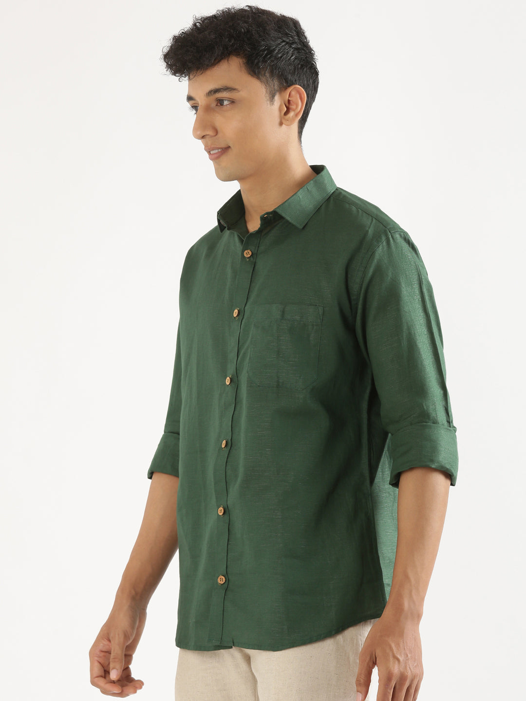 Bottle Green Men Hemp Full Sleeve Shirt