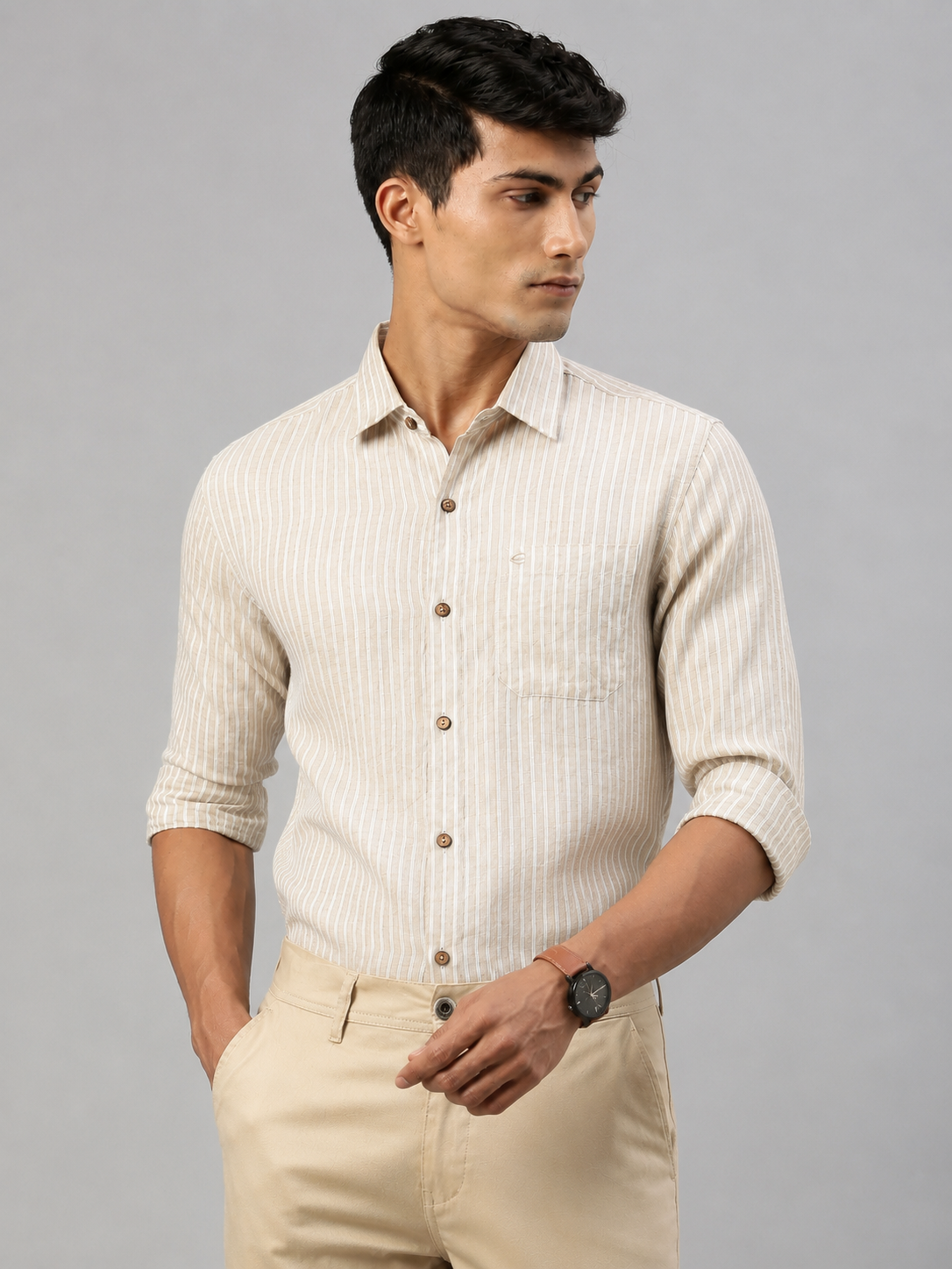 White Beige Stripes Men Hemp Full Sleeve Shirt