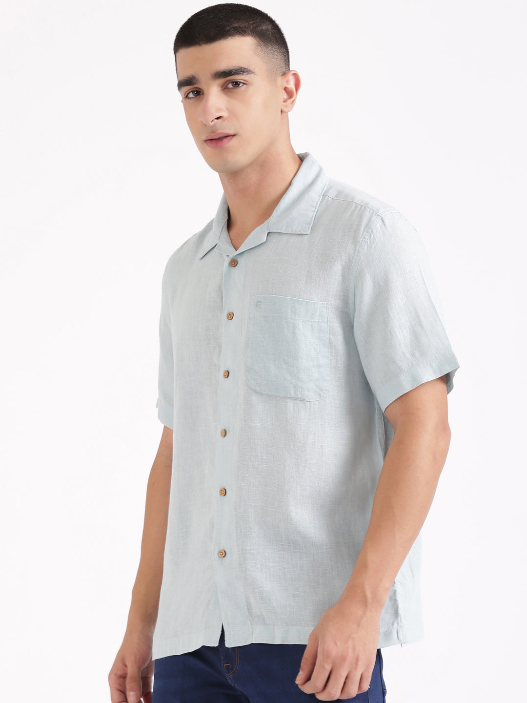 Cadet Blue Men Hemp Cuban Collar Resort Shirt