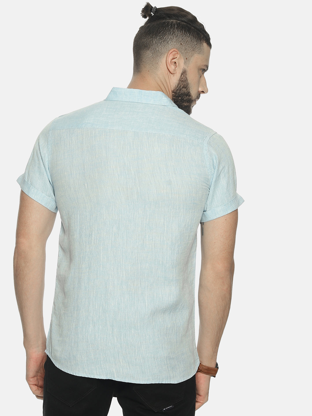 Sky Blue Men Hemp Half Sleeve Shirt