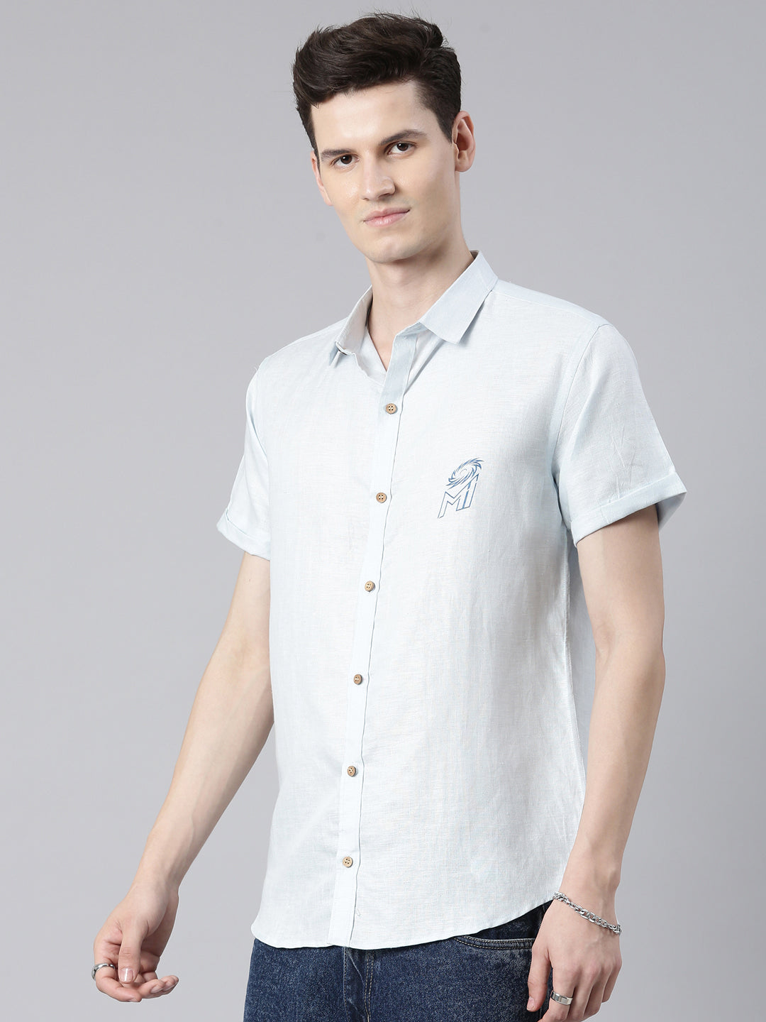 Ecentric-Mumbai Indians Official Men Light Blue Back Printed Hemp Half Sleeves Shirt