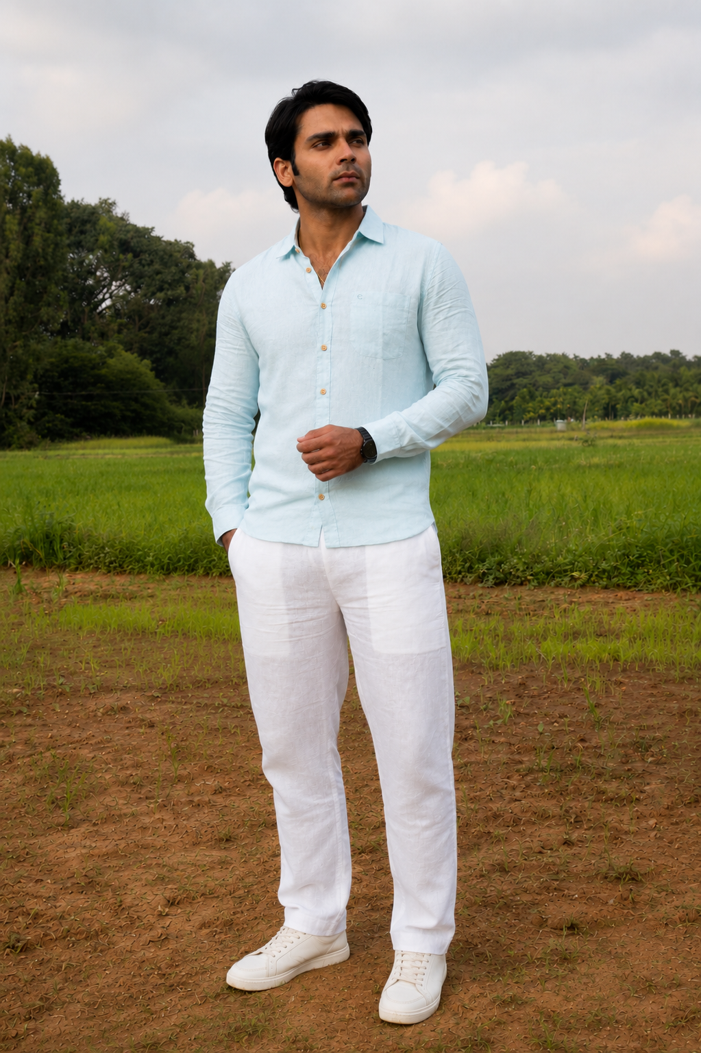 Sky Blue Men Hemp Full Sleeve Shirt