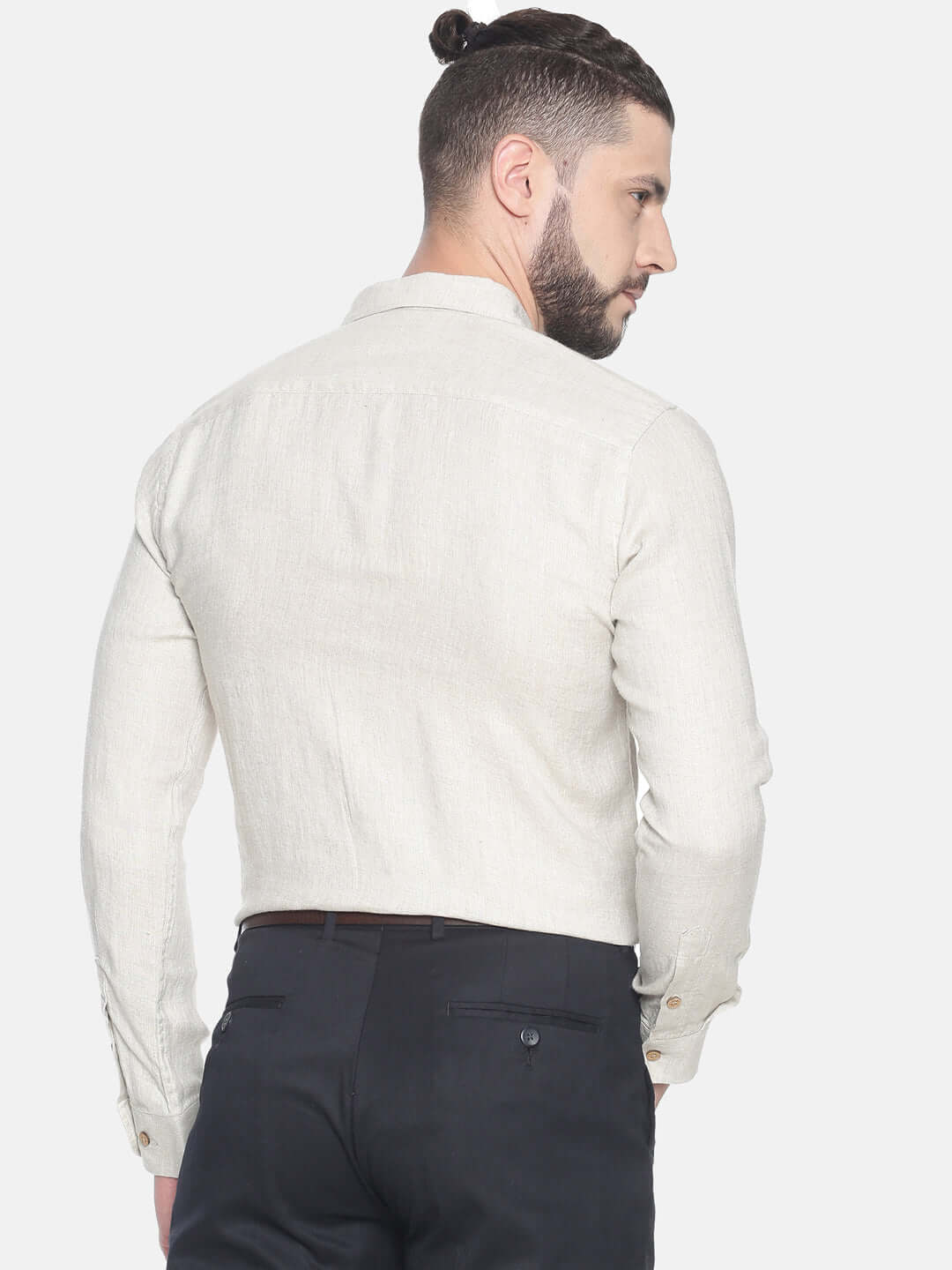 Beige Men Hemp Full Sleeve Shirt