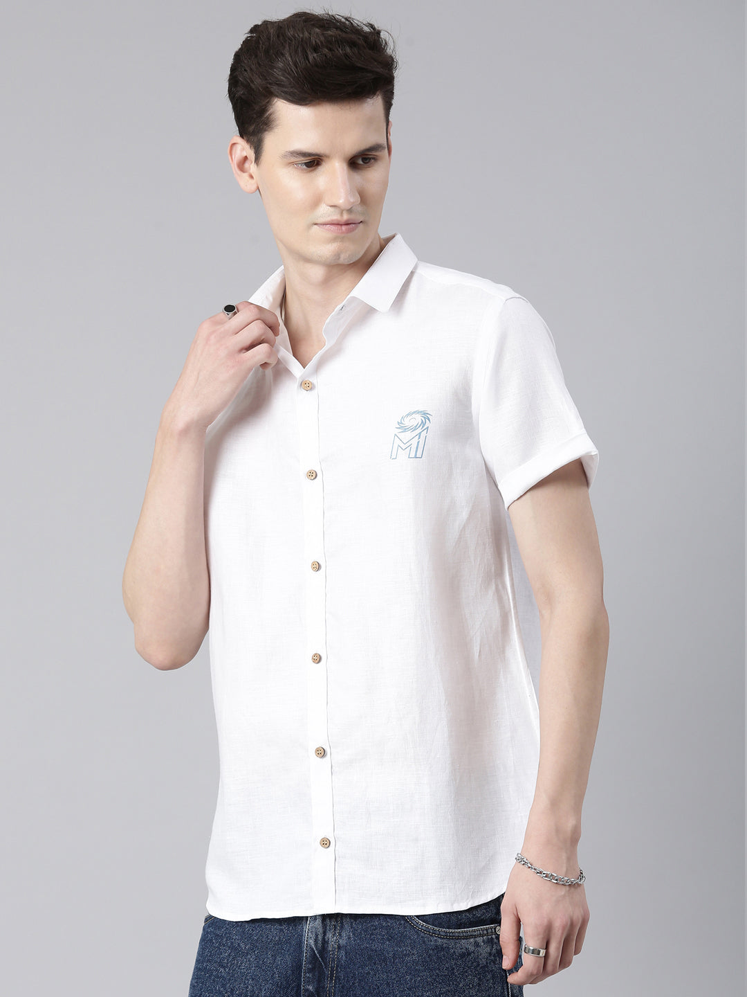 Ecentric-Mumbai Indians Official Men White Back Printed Hemp Half Sleeves Shirt