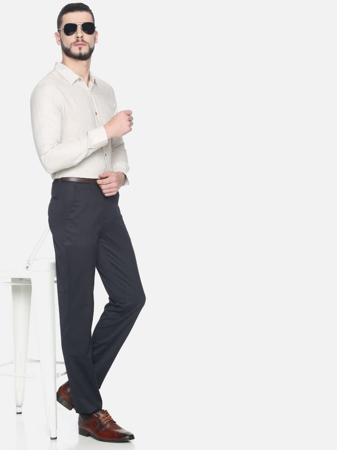 Beige Men Hemp Full Sleeve Shirt