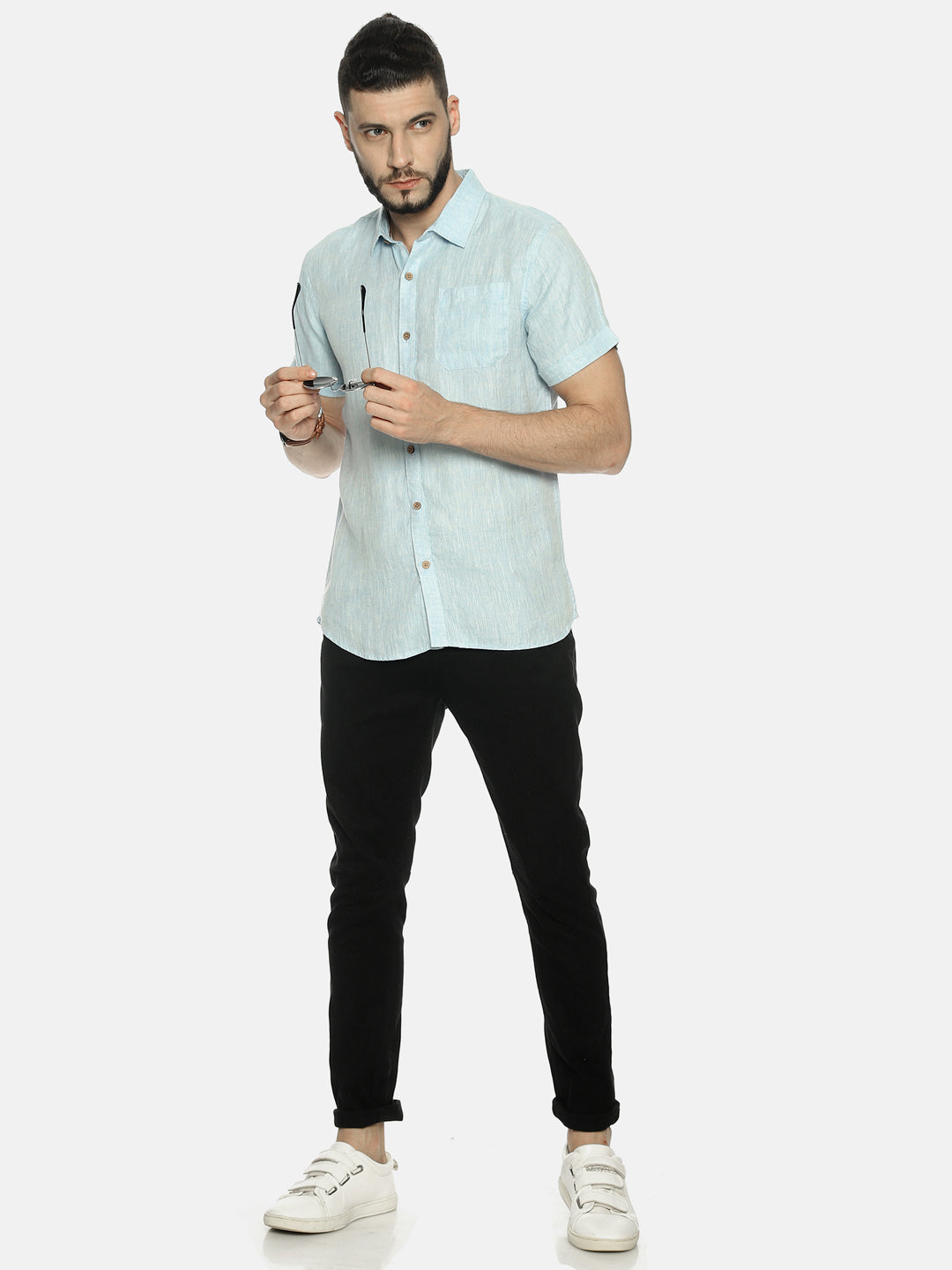 Sky Blue Men Hemp Half Sleeve Shirt