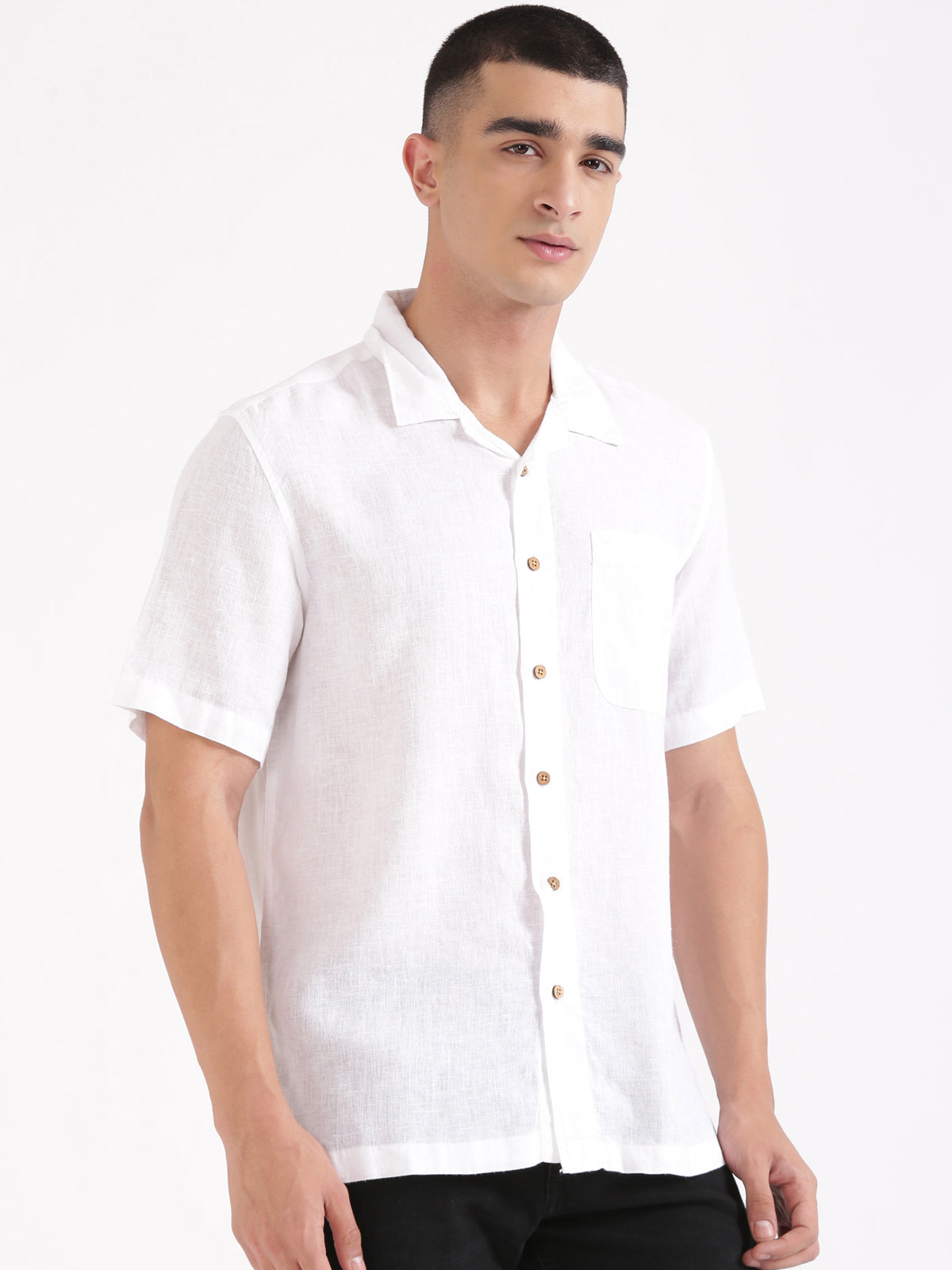 White Men Hemp Cuban Collar Resort Shirt
