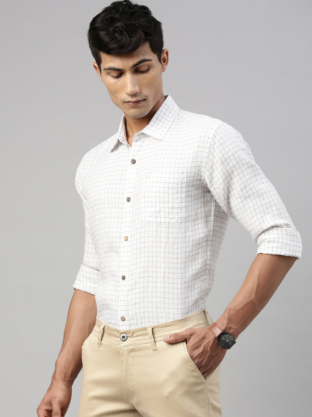 White Beige Checks Men Hemp Full Sleeve Shirt