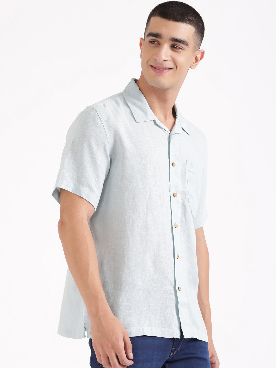 Cadet Blue Men Hemp Cuban Collar Resort Shirt
