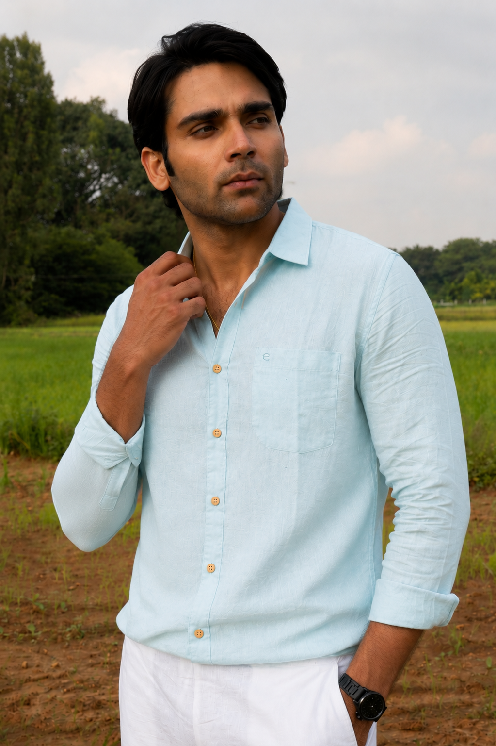 Sky Blue Men Hemp Full Sleeve Shirt